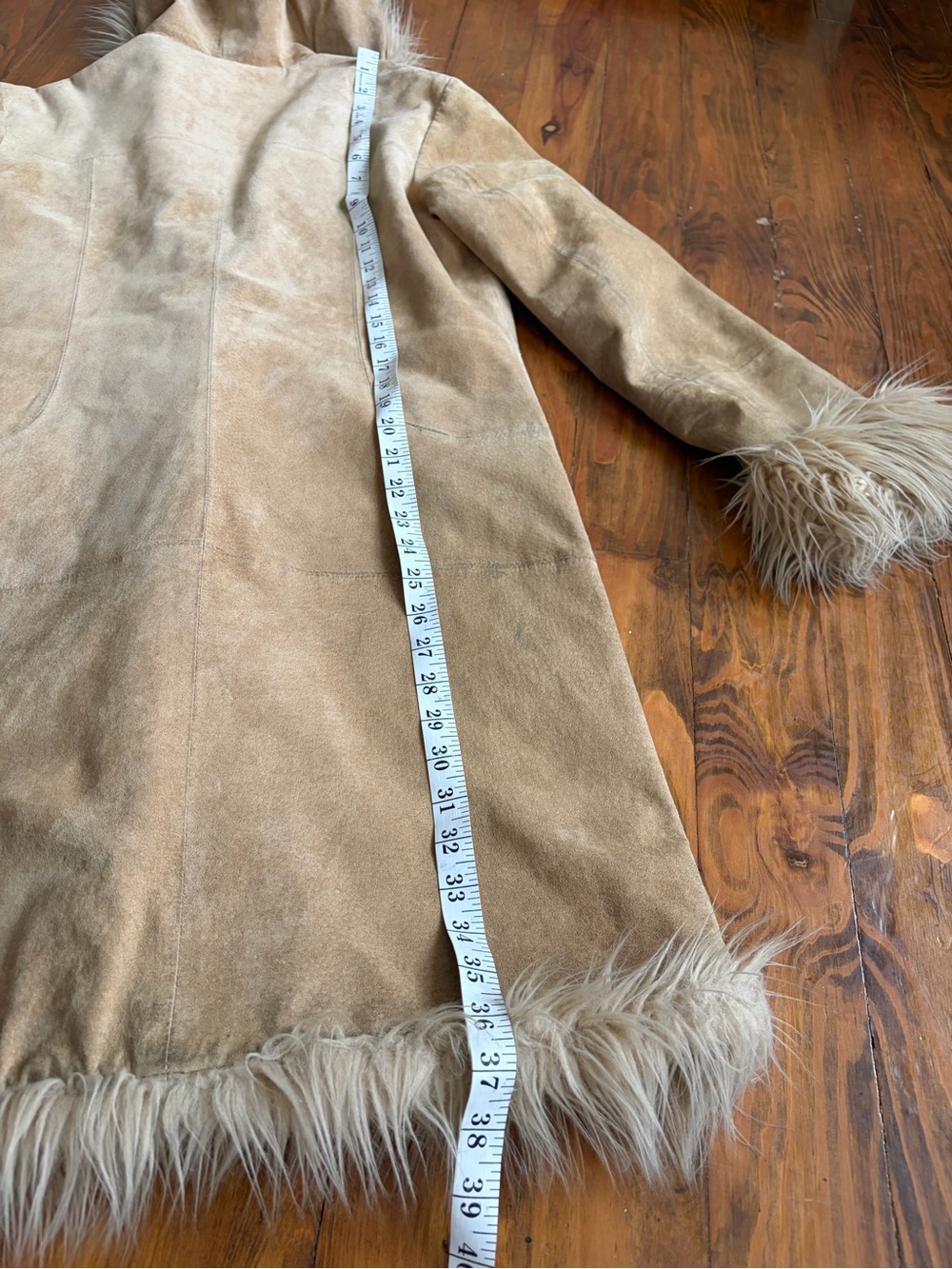 Bebe Vintage Penny Lane Y2K Faux Suede Fur Hooded Coat Size Small Tan Beige - Picture 15 of 15